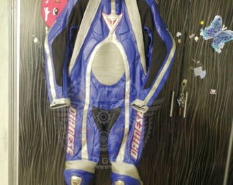 Dainese T Age Motorbike Leather Racing Suit, Blue/ Silver.