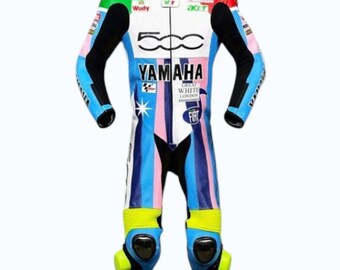 YAMAHA Valentino Multicolor MotoGP Motorbike Motorcycle 1 Piece Leather Racing Suit.