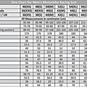 Puede incluir: Una tabla de tallas para trajes de carreras de motos para hombre, que muestra las medidas en cent&iacute;metros. La tabla incluye tallas de 46(XS) a 60(4XL), con medidas de pecho, cintura, cadera, largo total y m&aacute;s. La tabla est&aacute; dise&ntilde;ada para tallas de Europa, EE. UU./Canad&aacute; e Internacional/Reino Unido.