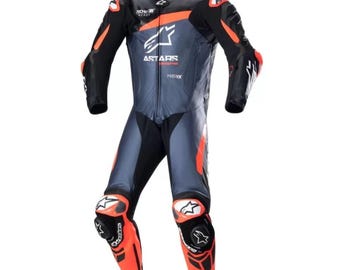 Mono de competición Alpinestars GP Plus V4 – Mono de carreras de cuero de una pieza en azul marino, rojo y negro.