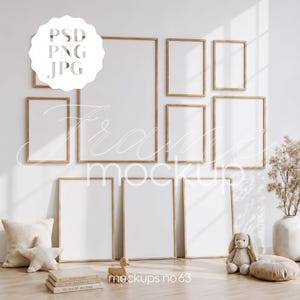 May include: A mockup featuring a collection of wooden picture frames in various sizes, arranged against a white wall. The frames are empty, ready for artwork or photos. The image includes decorative elements like a pillow, star-shaped cushion, books, a wooden duck, a stuffed bunny, and a vase with dried flowers. The text "Frame mockup" and "mockups no.63" are visible.