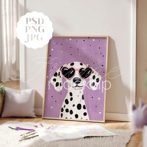 May include: A framed art print featuring a Dalmatian dog wearing heart-shaped sunglasses. The dog has black spots on a white coat, set against a purple background with black and white speckles. The artwork is in a wooden frame.