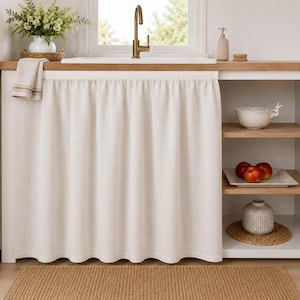 Custom Size Linen Sink Skirt, 100% Stone Washed Linen Cabinet Curtain, Milk White Under Sink Cover Panel with Hook and Loop
