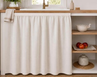 Custom Size Linen Sink Skirt, 100% Stone Washed Linen Cabinet Curtain, Milk White Under Sink Cover Panel with Hook and Loop