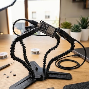 May include: Black flexible arm holder with a circuit board attached, connected to a USB cable. The holder is on a wooden surface with other electronic components and tools. A small metal tag reads "ARTISAN MAKER TOOLKIT".