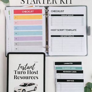 May include: A Turo Host Starter Kit with a checklist, host script template, and reminder cards. The kit includes a binder with colorful checklist pages and a digital download resource with a car graphic. The kit is designed to help hosts.