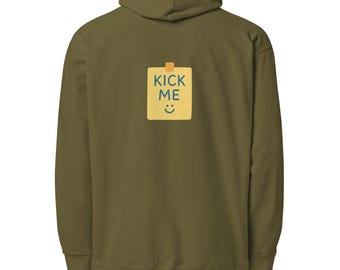Kick Me Hoodie Funny Prank Gift, Ironic Humor Sweatshirt, Gag Gift Hoodie, Novelty Graphic Pullover, White Elephant Gift Idea
