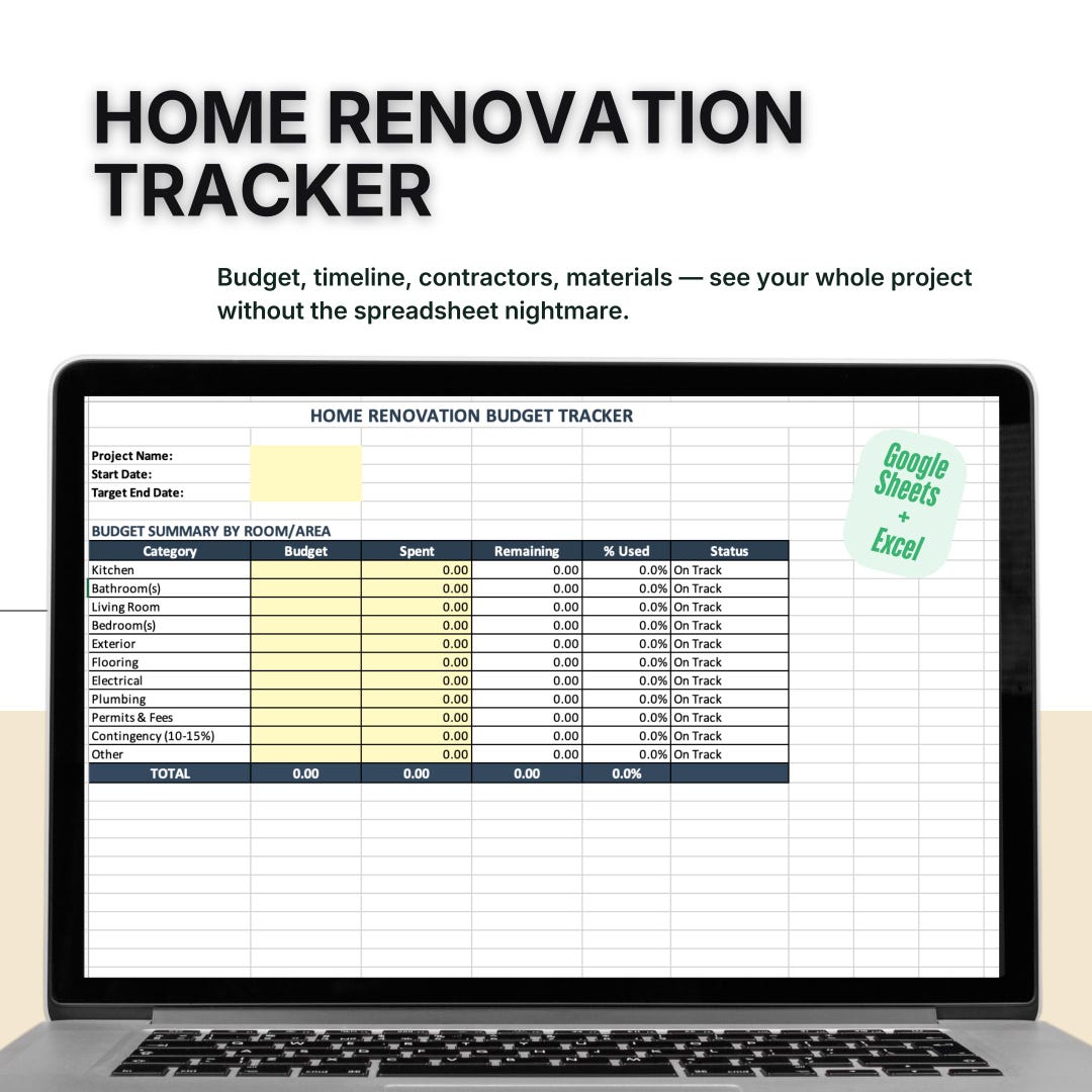Home Renovation Budget Tracker Spreadsheet | Remodel Planner Contractor ...