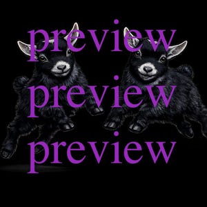 May include: Two black baby goats with white ears and smiling faces are depicted against a black background. The word "preview" is overlaid in purple text. The goats appear to be running or jumping.
