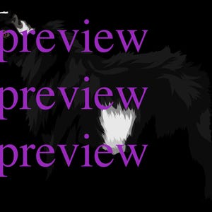 May include: A digital illustration of a black and white dog with the word "preview" in purple text overlaid on the image. The dog is facing left with its mouth open.
