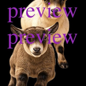 May include: A digital illustration of two goats against a black background. The goats are brown and tan with dark ears. The word "preview" is written in purple over the image.