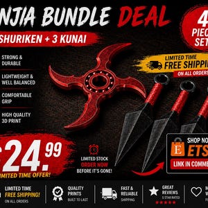 Può includere: Un set di shuriken ninja rosso e tre coltelli kunai. L'immagine include il testo "NINJIA BUNDLE DEAL" e "4 PIECE SET". Lo shuriken è al centro, con i coltelli kunai disposti a destra. Il testo dice anche "SHOP NOW ON ETSY! LINK IN COMMENTS!"
