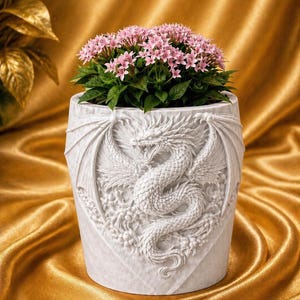 May include: A white, cylindrical planter pot with a detailed relief of a dragon. The pot holds a vibrant plant with pink flowers and green leaves. The pot is set against a golden, draped fabric background.