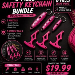 Può includere: Un set di portachiavi di sicurezza da 6 pezzi rosa, composto da tre fischietti e tre strumenti di difesa. Il testo recita: «Rimani preparato. Rimani al sicuro». Ideale per chiavi, zaini, borse, viaggi e uso quotidiano.