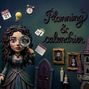 May include: A whimsical diorama featuring a woman holding a magnifying glass, surrounded by floating calendars, a lightbulb, and an alarm clock. The scene includes miniature portraits, staircases, and architectural elements, with the words "Planning & calendrier" displayed.