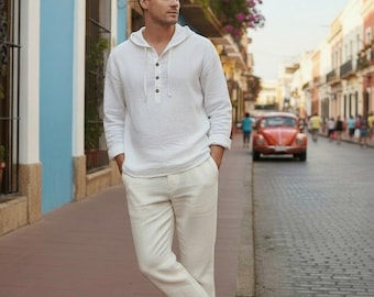 Sudadera con capucha de lino para hombre, ligera y transpirable, ideal para la playa en verano.