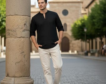 Black Linen Henley Shirt, Lightweight Breathable Relaxed Fit Top