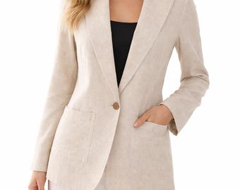 Blazer en lin beige, veste d'été légère pour femme, tenue de bureau minimaliste et respirante