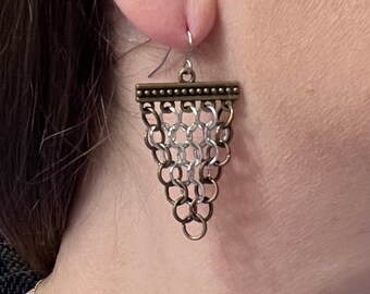 Bronze & Silver Mesh Chandelier Earrings, Jump Ring Earrings, Chainmaille Earrings, Chain Mail Earrings, European 4 in 1 Earrings, CM54