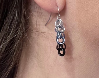 Black Gray & Silver Earrings, Jump Ring Earrings, Chainmaille Earrings, Chain Mail Earrings, Shaggy Loops Earrings, Lightweight Earring, CM3