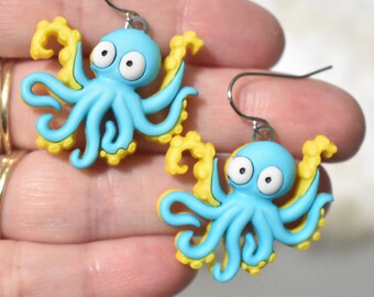 Octopus Charm Earrings, Blue & Yellow Octopus Earrings, Octopus Jewelry, Ocean Animal Earrings, Beach Earrings, Summer Earrings, CE344