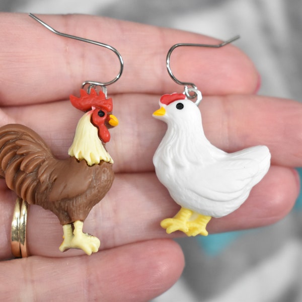 Chicken Earrings, Mismatched Hen & Rooster Earrings, Hen Earrings, Rooster Jewelry, Farm Earrings, Chicken Jewelry, I Love Chickens, BE25