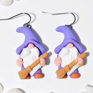 Witch Gnome Earrings, Halloween Gnome Earrings, Purple Gnome with Broom Earrings, Gnome Jewelry, Halloween Jewelry, Halloween Earring, BE199