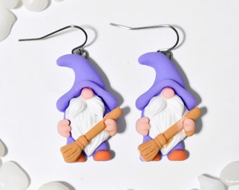 Witch Gnome Earrings, Halloween Gnome Earrings, Purple Gnome with Broom Earrings, Gnome Jewelry, Halloween Jewelry, Halloween Earring, BE199