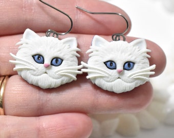 White Cat Earrings, Cat Jewelry, Kitten Earrings, Kitty Earrings, Cat Lover Gift Idea, I Love Cats, Lightweight Cat Head Earrings, CE926