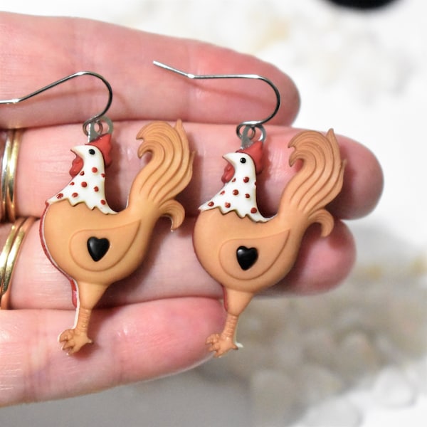 Chicken Earrings, Rooster Earrings, Hen Earrings, Rooster Jewelry, Farm Animal Earring, Chicken Jewelry, Farmer Earring, Bird Earring, CE488