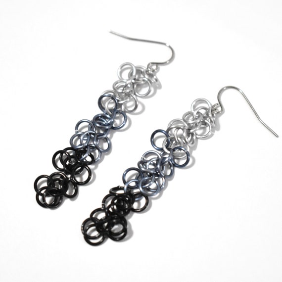 Long Black Earrings, Black Silver & Gray Jump Ring Earrings, Chainmaille Earrings, Chain Mail Earrings, Shaggy Loops Earrings, CM1