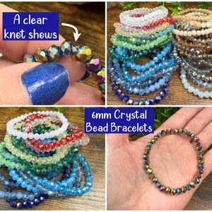 Peut inclure: Une collection de bracelets de perles en cristal de 6mm dans diverses couleurs dont rouge, bleu, vert et transparent. Les bracelets pr&eacute;sentent des perles facett&eacute;es et un n&oelig;ud transparent visible. Plusieurs brins sont empil&eacute;s.