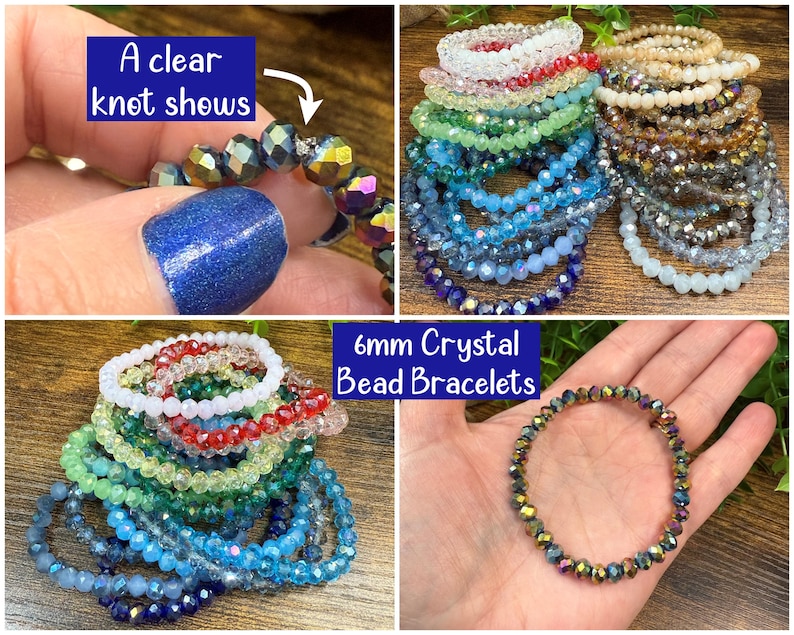 Peut inclure: Une collection de bracelets de perles en cristal de 6mm dans diverses couleurs dont rouge, bleu, vert et transparent. Les bracelets pr&eacute;sentent des perles facett&eacute;es et un n&oelig;ud transparent visible. Plusieurs brins sont empil&eacute;s.