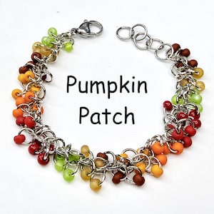 May include: A chainmaille bracelet featuring silver-toned metal rings interspersed with small, round beads in shades of red, orange, yellow, brown, and lime green. The text 'Pumpkin Patch' is printed in black in the center of the bracelet.