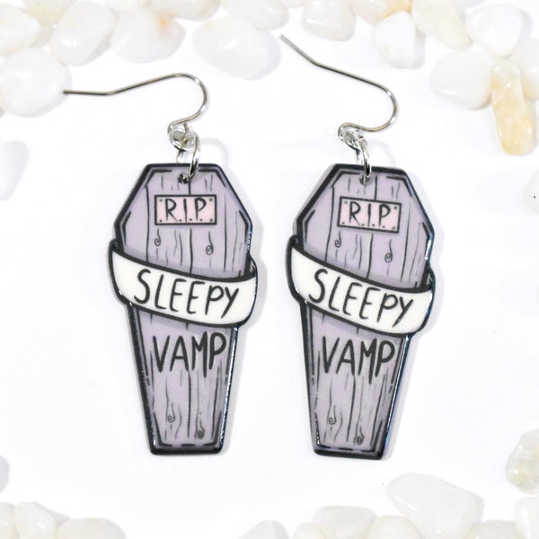 Vampire Earrings, Coffin Earrings, RIP Sleepy Vamp Earrings, RIP Earrings, Halloween Earrings, Halloween Jewelry, Vampire Jewelry, BE120