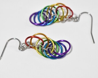 Spiral Rainbow Earrings, Rainbow Jump Ring Earrings, Rainbow Chainmaille Earrings, Rainbow Chain Mail Earring, Colorful Spiral Earring, CM19