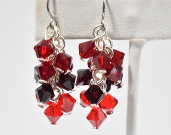 Red Cluster Earrings, Red Crystal Earrings, Crystal Cluster Earrings, Red Ombre Earrings, Red Gradient Earrings, Red Clip On Earrings, CL15