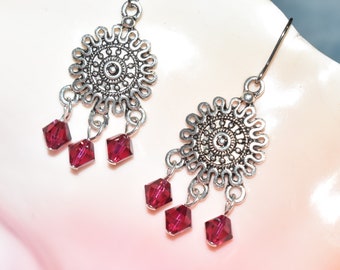 Ruby Earrings - Silver Chandelier with Reddish Pink Crystal Beads - July Birthstone Earrings - CH116