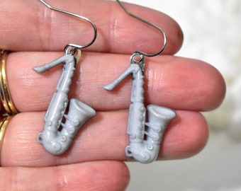 Gray Saxophone Earrings, Saxophone Jewelry, Sax Earrings, Music Earrings, Musician Earrings, Band Earrings, Music Teacher Earrings, CE683