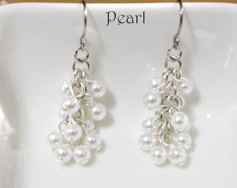 Pearl Cluster Earrings, White Pearl Earrings, Pearl & Crystal Earrings, Lightweight Pearl Earrings, Wedding Earrings, Bride Earrings, CL27