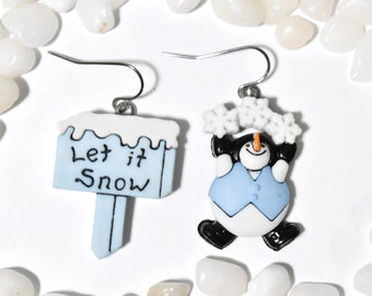 Snowman Earrings, Let it Snow Earrings, Snowman Jewelry, Mismatched Christmas Earrings, Winter Earring, Sign Earring, Holiday Earring, CE875