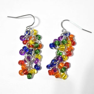 Rainbow Earrings, Rainbow Cluster Earrings, Rainbow Chainmaille Earrings, Rainbow Pride Earrings, Beaded Shaggy Loops Earrings, LGBTQ, CM7 画像 2