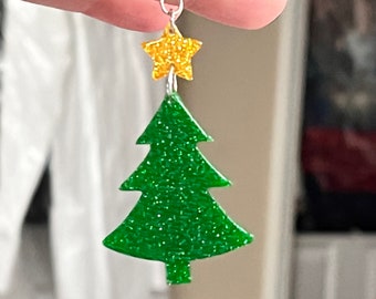 Christmas Tree Earrings, Green Tree Earrings, Glitter Christmas Tree Earring, Christmas Tree Jewelry, Tree Jewelry, Christmas Earring, BE216