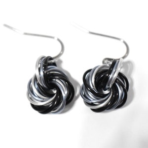 Round Swirl Earrings, Jump Ring Earrings, Black Silver & Gray Chainmaille Earrings, Mobius Flower Earrings, Chain Mail Earring, Clip On, CM2