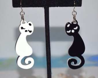 Black & White Cat Earrings, Boy and Girl Cat Earrings, Black Cat Earrings, Black Cat Jewelry, Cat Lover Gift Idea, Cat Mom Earring, BE107