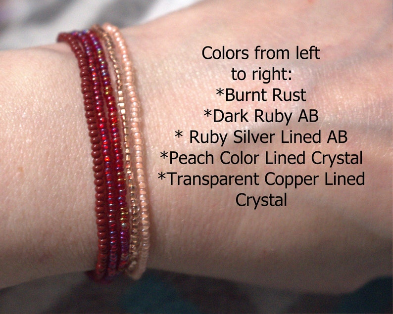 Ruby Peah Ruby & Peach Bracelet Set, 11/0 Seed Bead Stretch Bracelets, 5 Bracelet ...