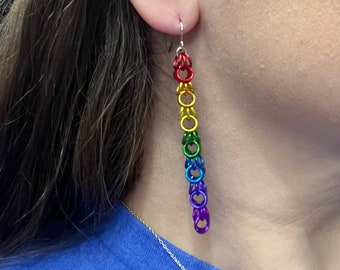 Long Rainbow Earrings, Rainbow Jump Ring Earrings, Rainbow Chainmaille Earrings, Rainbow Chain Mail Earrings, Shaggy Loops Earrings, CM4