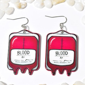 Blood Bag Earrings, A+ Blood Earrings, Blood Jewelry, Vampire Earrings, Halloween Earrings, Nurse Earrings, Medical Earrings, BE148