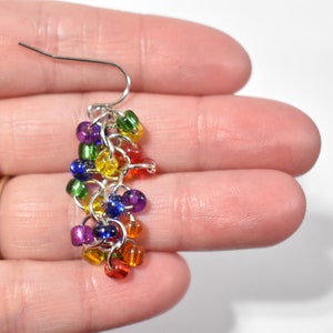 Rainbow Earrings, Rainbow Cluster Earrings, Rainbow Chainmaille Earrings, Rainbow Pride Earrings, Beaded Shaggy Loops Earrings, LGBTQ, CM7 画像 8