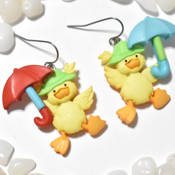 Duck Charm Earrings, Yellow Duck Earrings, Rainy Day Earrings, Duck Holding Umbrella Earrings, Spring Earring, Animal Earring, Easter, CE334